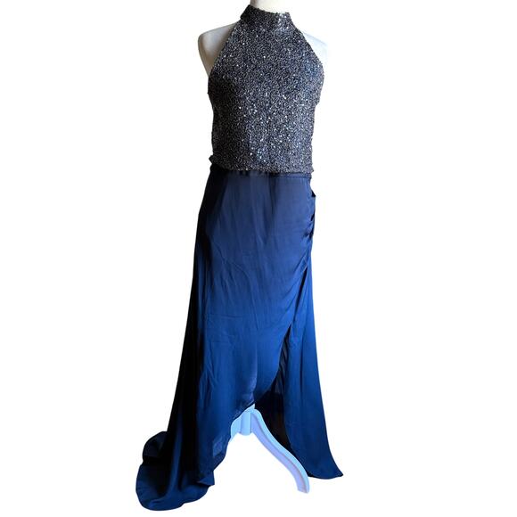 HAUTE HIPPIE | Navy Blue Beaded Silk High Neck wrap Skirt Gown Halter | Size 12 - Picture 2 of 7